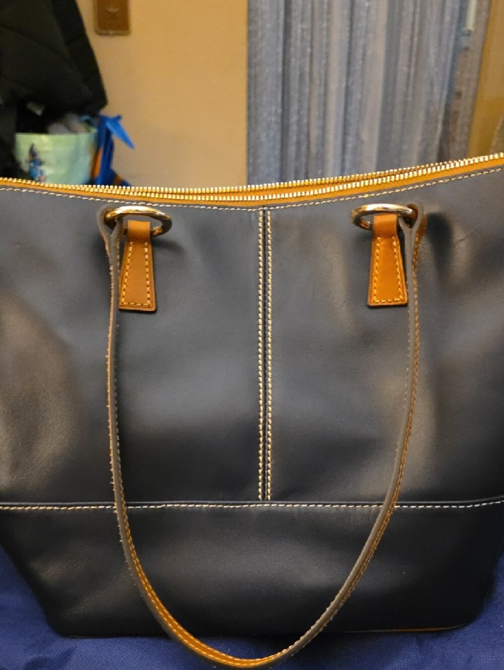 Dooney & Bourke Black Leather Tote with Tan Trim - Picture 3 of 4